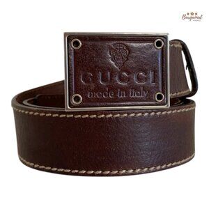 Authentic Gucci Brown Leather Crest Logo Plaque Men's Buckle Belt Size 90/36